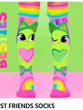 Kids Neon Green & Pink Cat Knee-High Socks with Rainbow Hearts